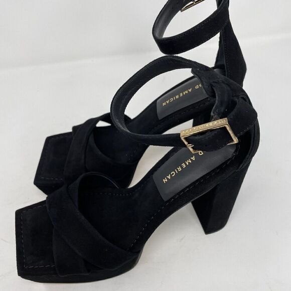 GOOD AMERICAN Description Platform Sandal Womens 9 Black Suede Heels NEW Ankle - Picture 10 of 11